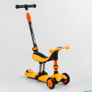Самокат-велобіг 3в1 триколісний BS-50584 (4) Best Scooter, 3 колеса PU зі світлом, сидіння, амортизатори, батьківська ручка жовтий