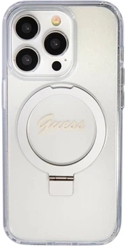 Etui plecki Guess Ring Stand Script Glitter MagSafe do Apple iPhone 15 Pro Transparent (3666339156626)