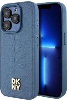 Панель DKNY Leather Monogram Pattern Metal Logo MagSafe для Apple iPhone 15 Pro Blue (3666339261672)