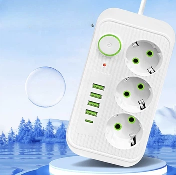 Сетевой фильтр Power Socket F09U с защитой, 3 розетки и 4 USB-порта Type-C, длина 2 м