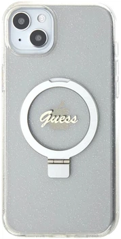 Etui plecki Guess Ring Stand Script Glitter MagSafe do Apple iPhone 15 Plus/14 Plus Transparent (3666339156619)