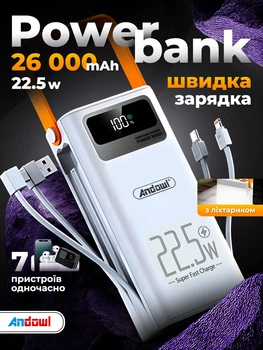 Повербанк умб 26000 mah 22.5w зі швидкою зарядкою ліхтариком дисплеєм Andowl power bank Q-XD7X1 павербанк 20000 для телефону роутера пристроїв powerbank зовнішній портативний акумулятор повербанки великої ємності білий