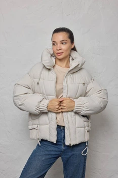 Куртка женская зима дутая капюшон укороченная тёплая 3XL молоко