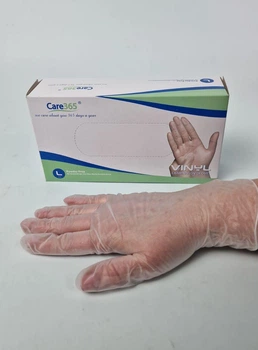 Рукавички вінілові CARE 365 без пудри, розмір L, 100 штук одноразові, універсальні білі