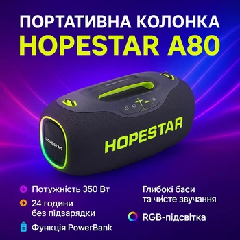 Портативная Bluetooth колонка Hopestar A80 350W с подсветкой и караоке-микрофоном Серый