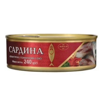 Сардина атлантична в томатному соусі ж/б з ключем Ризьке золото 240 г (4820062446594)