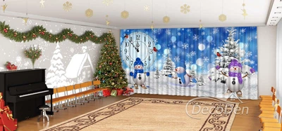 Новорічні Фото Штори в дитячий сад PHOTODECOR "Сніговики, снігурі та годинник" 1 кв.м