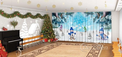 Новогодние Фото Шторы в детский сад PHOTODECOR "Ветки ели с шишками и снеговиками"