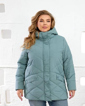 Зимова стьобана тепла курточка подовжена на блискавці з капюшоном великі розміри оливковий 54 МШ 9256