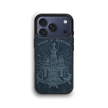 Чехол из премиальной Алькантары для iPhone 17 Pro Max Спаси и Сохрани 2 синий with MagSafe