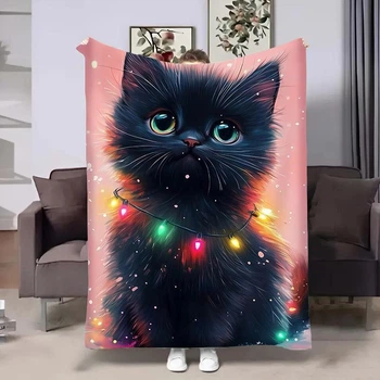 Плед с чёрным котиком | Новогодний плед с милым котом и гирляндой 135x160