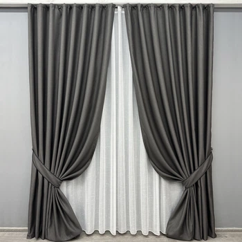 Комплект штор VR-Textil рогожка премиум TERRA LUXE 150х270 2шт и Тюль 400х270 1857ш-115т графитовый с белым 71-075/3