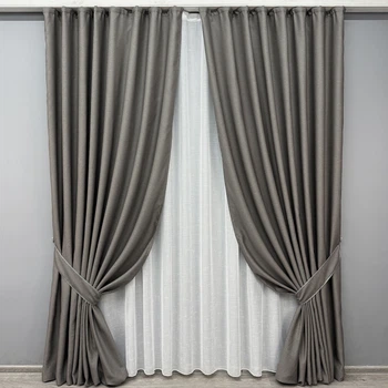 Комплект штор VR-Textil рогожка премиум TERRA LUXE 150х270 2шт и Тюль 400х270 1856ш-115т темно-серый с белым 71-074/3