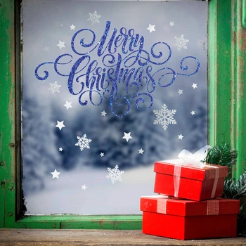 Новорічна наклейка Надпис Merry Christmas Сніжкинки Набір S 60x38см матовая ПВХ декор на вікна стіни