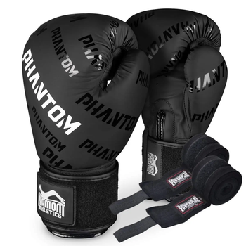 Рукавички боксерські з бинтами Phantom APEX Velcro розмір 12 унцій, чорно-білі