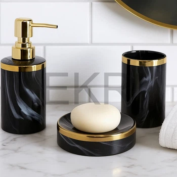 Набір "Luxury Marble" для ванної кімнати: дозатор 350 мл, склянка, мильниця, чорний мармур із золотом (851-338)