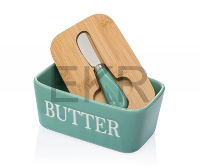 Маслянка керамічна з ножем та бамбуковою кришкою Butter Бірюзова APL0480