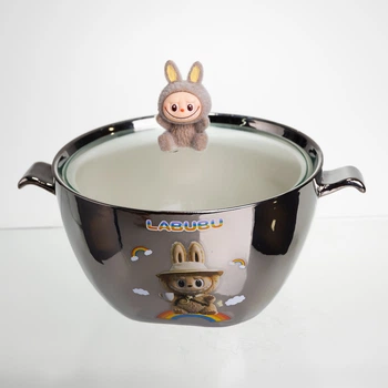 Бульйонниця порцелянова Labubu з кришкою та ручками 800 (мл) Ø15 (см) дитяча тарілка для супу та локшини Сріблястий з коричневим FM-34B (A-047543)