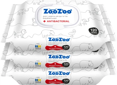 Упаковка вологих серветок ZooZoo Антибактеріальні для рук та тіла 120 шт х 3 пачки (4820183973863)