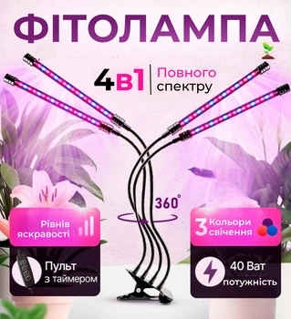 Фитолампа полного спектра Светодиодная лампа для выращивания растений LED с таймером 4 лучей на прищепке лампа для рассады