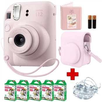 Святковий набір "для Коханої" / Камера для миттєвого друку Fujifilm INSTAX Mini 12 Blossom Pink / Рожевий чохол / Картриджі на 50 фото / Рожевий фотоальбом на 64 фото / Гірлянда на батарейках