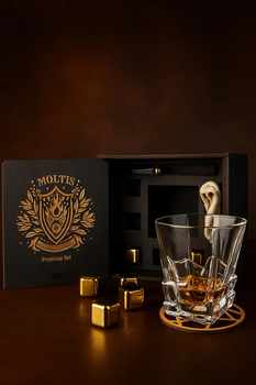 Подарочный набор для виски Moltis Premium Saxum — стакан, щипцы, мешочек, подставка и 5 охлаждающих кубиков (MR-1021) 10058