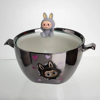 Бульонница фарфоровая Labubu с крышкой и ручками 800 (мл) Ø15 (см) детская тарелка для супа и лапши Серебристый с серым FM-34A