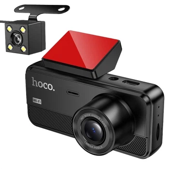 Відеореєстратор Hoco DV15 140°, 150 мАг, екран 2" IPS, WiFi 3в1 + камера заднього виду та внутрішня в авто Чорний