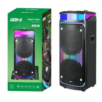 Акустическая Bluetooth колонка GeDi GD-2895 с 2 радиомикрофонами 2*8" 60 Вт FM, USB, AUX, RGB 375*375*845 мм. Черный