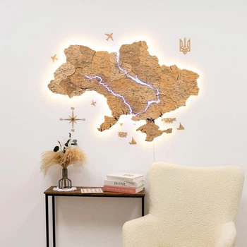 Детализированная 3D карта Украины с подсветкой из дерева 100 x 66 см Голд от Enjoy The Wood