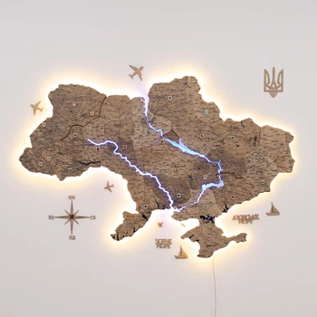 Детализированная 3D карта Украины с подсветкой из дерева 100 x 66 см Терра от Enjoy The Wood