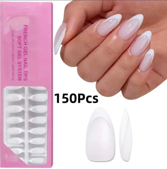 Гелеві тіпси для нарощування з французьким манікюром Soft Gel Мигдаль М глянсові 150 шт молочний з білим френчем (020)