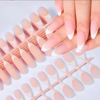Гелевые типсы для наращивания с французским маникюром Nail Kingdom матовые миндаль М 240 шт бледно-бежевые с белым френчем (402)
