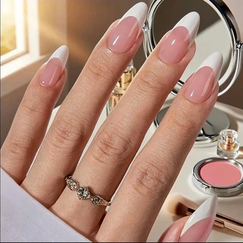 Гелеві тіпси для нарощування з французьким манікюром Mafanails глянцеві Мигдаль L 120 шт рожево-персикові з білим френчем (401)