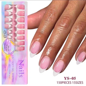 Гелевые типсы для наращивания Soft Gel с французским маникюром миндаль М глянец 150 шт розовые с белым френчем (005)