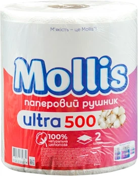 Рушники паперові целюлозні Mollis Ultra 2 шара 500 відривів 100 м Білі (4820170780672)