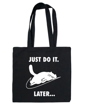 Экосумка из габардина черная с принтом Just do it Later (шелкография) 38х36
