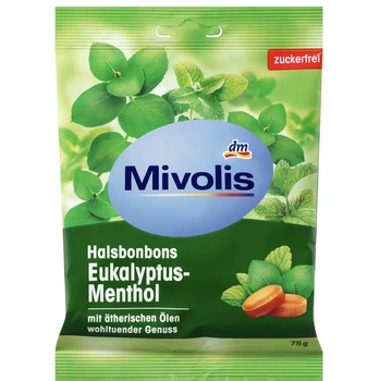 Пастилки для горла евкаліпт-ментол , без цукру Mivolis Bonbon Eukalyptus-Menthol zuckerfrei 75 г