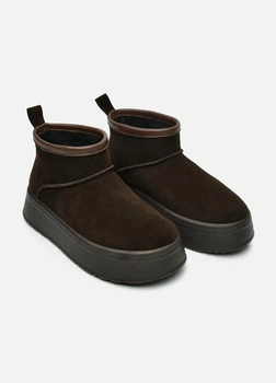 Женские замшевые угги PARADIZE SHOES зимние темно-коричневого цвета без застежки на высокой подошве 39 размер (стелька 25,5 см)