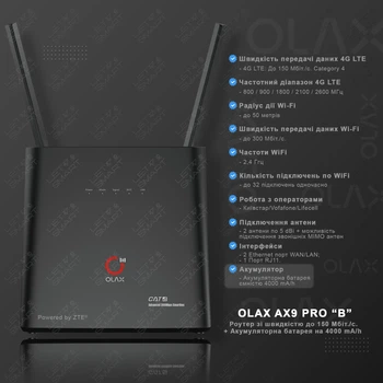 Высокоскоростной 4G маршрутизатор модем/роутер WI-FI 3G/4G LTE OLAX AX9 PRO "B"+ две антенны по 5 дБи. Аккумулятор 4000 мАч. Скорость до 150 Мбит/с. Поддержка до 32 устройств. Для операторов Киевстар, Lifecell, Vodafone