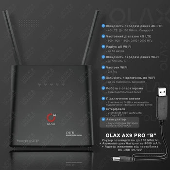 Высокоскоростной 4G маршрутизатор модем/роутер WI-FI 3G/4G LTE OLAX AX9 PRO + адаптер питания от павербанка DC-USB 5V-12V. Аккумулятор 4000 мАч. Скорость до 150 Мбит/с. Поддержка до 32 устройств. Киевстар, Lifecell, Vodafone