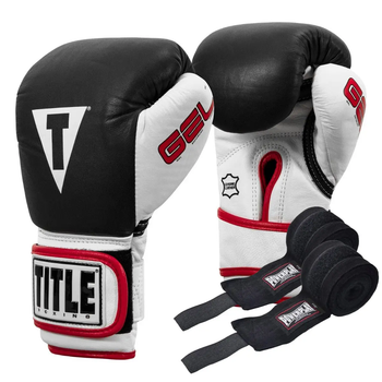 Рукавички боксерські шкіряні з бинтами TITLE Boxing Gel розмір 16 унцій, чорні
