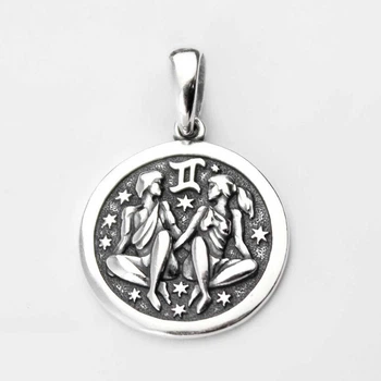 Знак зодиака Близнецы, серебряный круглий кулон 925 проба с чернением
