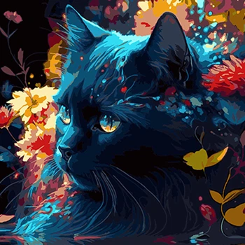 Картина по номерам "Черный кот, цветочный мотив" 40х40 см для творчества и рисования. (575153)