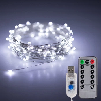LED гирлянда новогодняя 100LED 10м цвет Холодный Белый 8 режимов с диммированием от USB с пультом ДУ