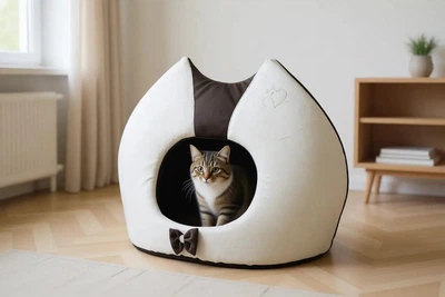 Домик будка для кошек Cat №1 33х43х40 см бело- коричневая