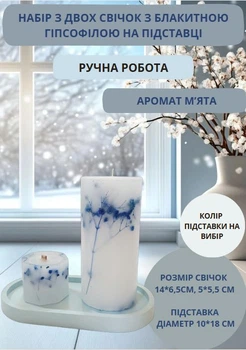 Набір декоративних свічок ручної роботи свічки ароматичні в наборі з 2 шт на овальній підставці з гілочками блакитної гіпсофіли аромат м'ята
