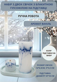 Набір декоративних свічок ручної роботи свічки ароматичні в наборі з 2 шт на овальній підставці з гілочками блакитної гіпсофіли аромат ваніль