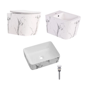 Комплект Qtap Tern Marble 3 в 1: унитаз подвесной Ultra Quiet + биде подвесное + раковина накладная QTTERMR49164