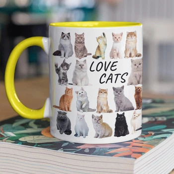 Чашка керамічна з малюнком "Love Cats" 330 мл для напоїв біла з жовтою ручкою на подарунок
